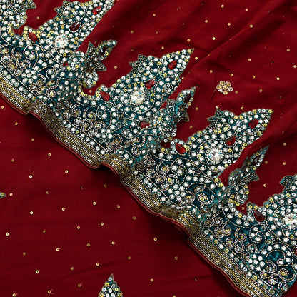 Indian Vintage Sari Maroon Pure Georgette Silk Hand Embroidered Sarees Craft Fabric 6Yd Sewing Soft Ethnic Glass Beaded Wedding Sarees