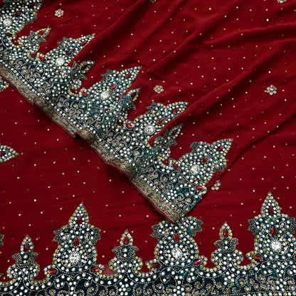 Indian Vintage Sari Maroon Pure Georgette Silk Hand Embroidered Sarees Craft Fabric 6Yd Sewing Soft Ethnic Glass Beaded Wedding Sarees