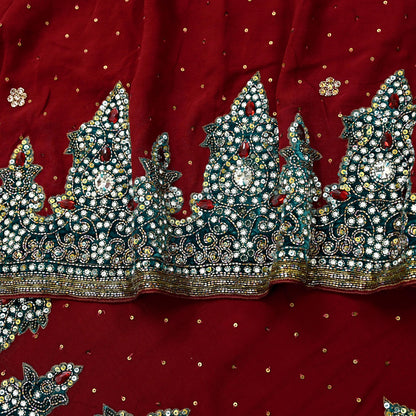 Indian Vintage Sari Maroon Pure Georgette Silk Hand Embroidered Sarees Craft Fabric 6Yd Sewing Soft Ethnic Glass Beaded Wedding Sarees