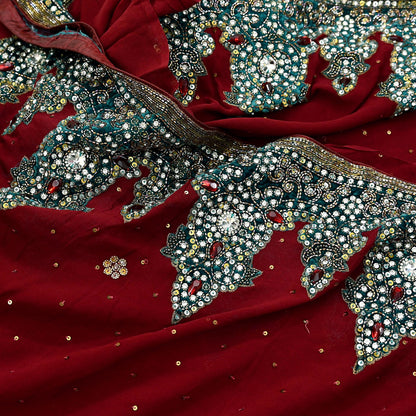 Indian Vintage Sari Maroon Pure Georgette Silk Hand Embroidered Sarees Craft Fabric 6Yd Sewing Soft Ethnic Glass Beaded Wedding Sarees