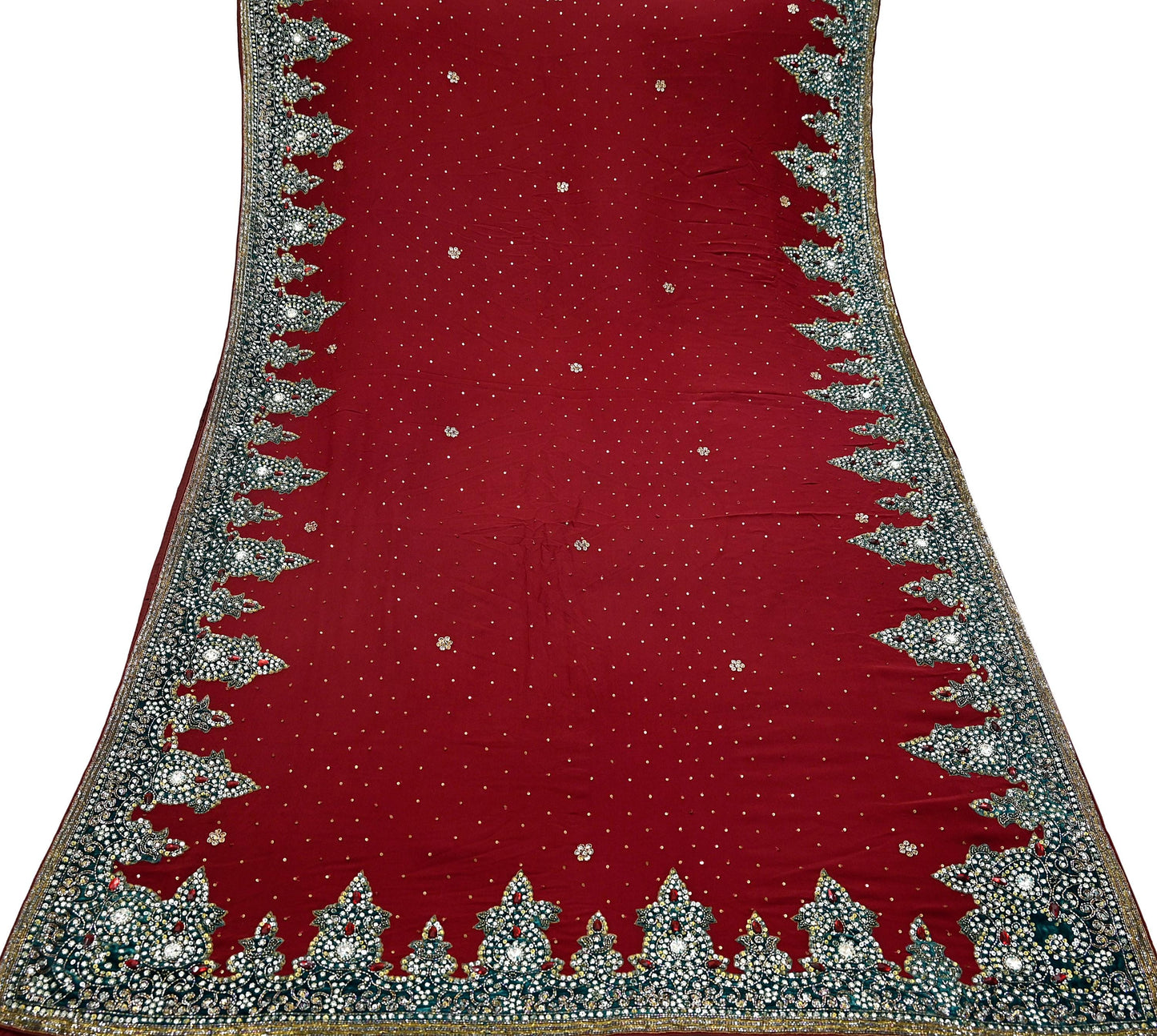 Indian Vintage Sari Maroon Pure Georgette Silk Hand Embroidered Sarees Craft Fabric 6Yd Sewing Soft Ethnic Glass Beaded Wedding Sarees