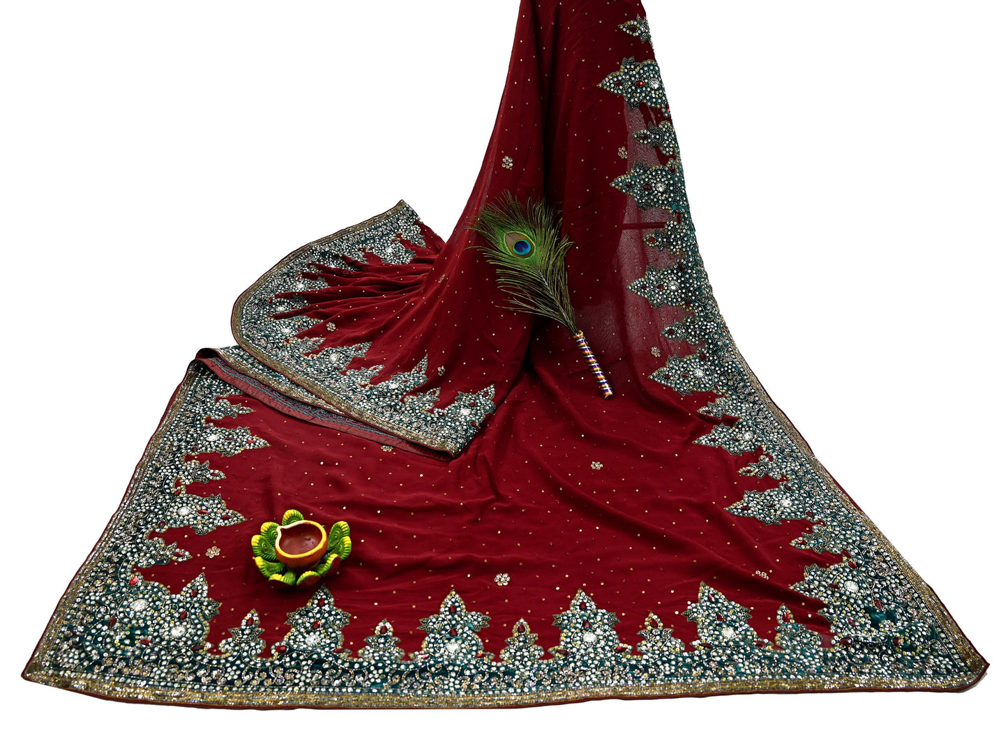 Indian Vintage Sari Maroon Pure Georgette Silk Hand Embroidered Sarees Craft Fabric 6Yd Sewing Soft Ethnic Glass Beaded Wedding Sarees