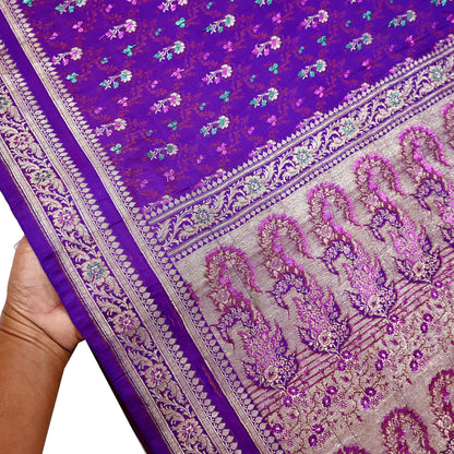 Indian Vintage Sari Purple Heavy Wedding Pure Satin Silk Banarasi Brocade Saree Zari 5Yd Craft Fabric Ethnic Dress making Crafting