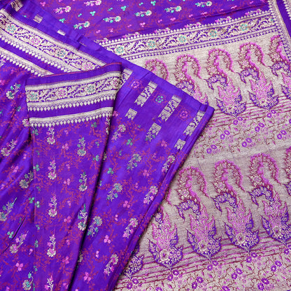 Indian Vintage Sari Purple Heavy Wedding Pure Satin Silk Banarasi Brocade Saree Zari 5Yd Craft Fabric Ethnic Dress making Crafting