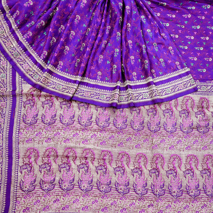 Indian Vintage Sari Purple Heavy Wedding Pure Satin Silk Banarasi Brocade Saree Zari 5Yd Craft Fabric Ethnic Dress making Crafting