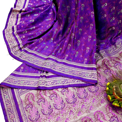 Indian Vintage Sari Purple Heavy Wedding Pure Satin Silk Banarasi Brocade Saree Zari 5Yd Craft Fabric Ethnic Dress making Crafting