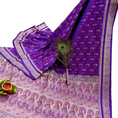 Indian Vintage Sari Purple Heavy Wedding Pure Satin Silk Banarasi Brocade Saree Zari 5Yd Craft Fabric Ethnic Dress making Crafting