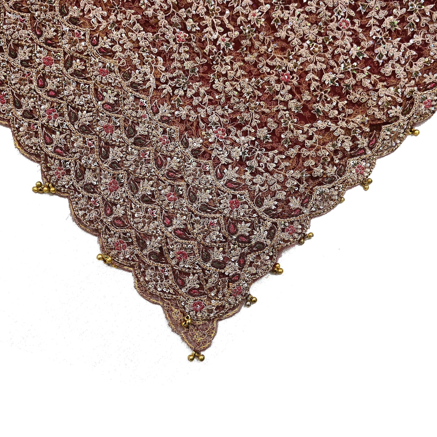 Indian Vintage Heavy Wedding Maroon Dupatta Net Mesh Long Stole Hand Embroidered Scarves Golden Zardozi Zari Sequins Dridal Veil Hijab