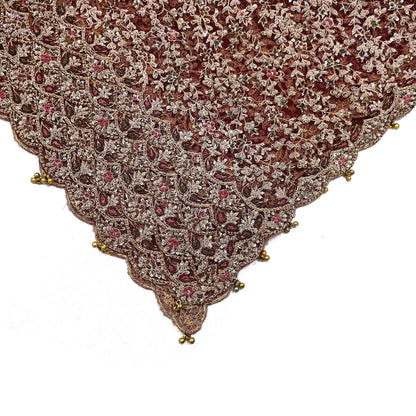 Indian Vintage Heavy Wedding Maroon Dupatta Net Mesh Long Stole Hand Embroidered Scarves Golden Zardozi Zari Sequins Dridal Veil Hijab