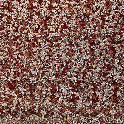 Indian Vintage Heavy Wedding Maroon Dupatta Net Mesh Long Stole Hand Embroidered Scarves Golden Zardozi Zari Sequins Dridal Veil Hijab