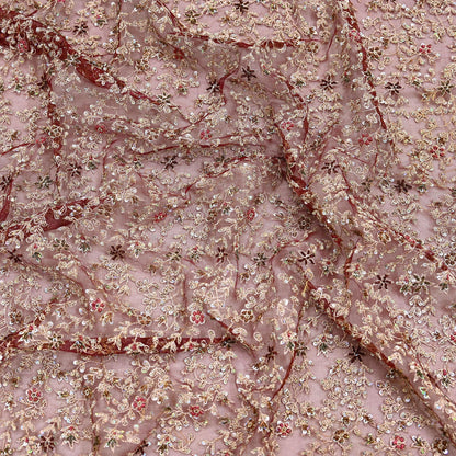 Indian Vintage Heavy Wedding Maroon Dupatta Net Mesh Long Stole Hand Embroidered Scarves Golden Zardozi Zari Sequins Dridal Veil Hijab