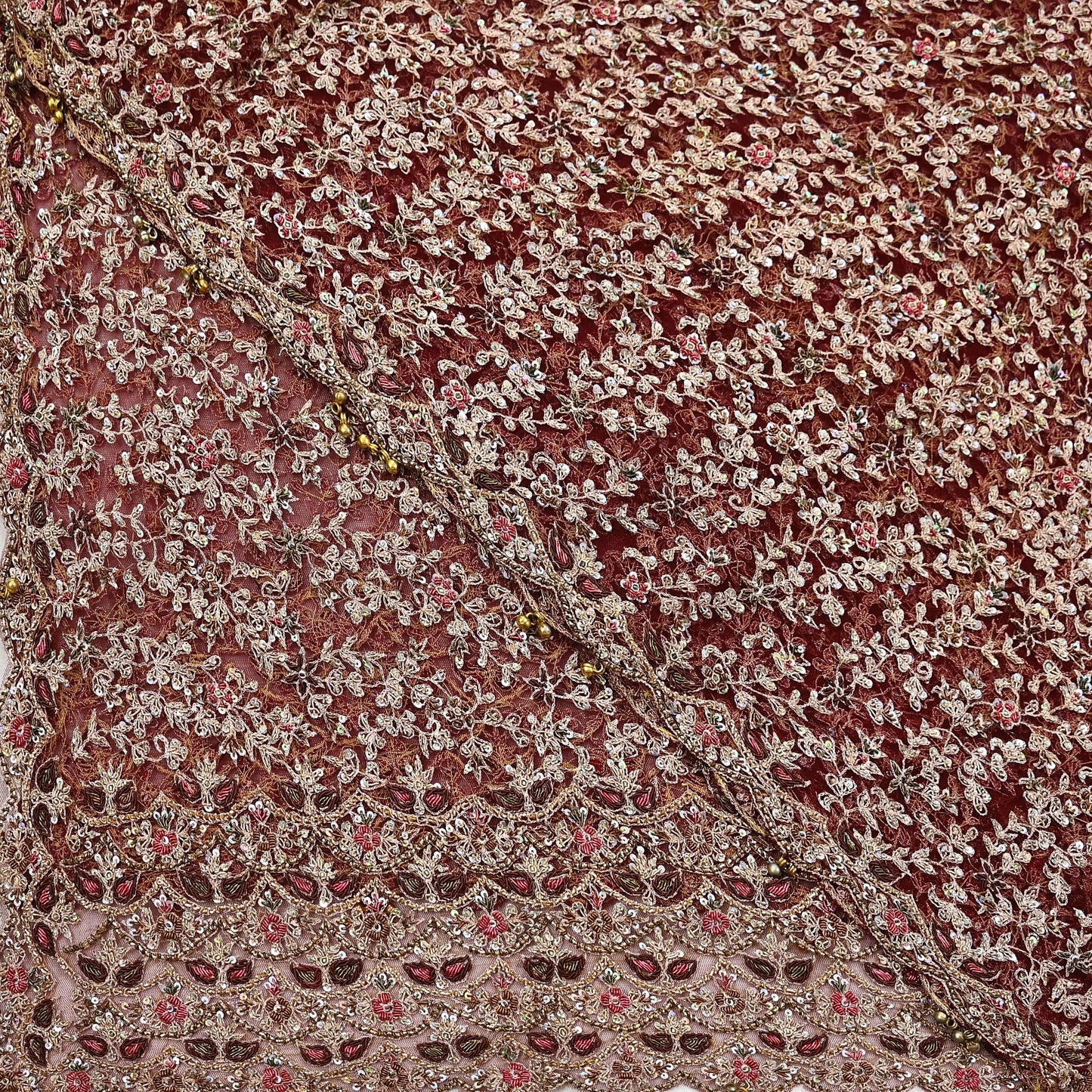 Indian Vintage Heavy Wedding Maroon Dupatta Net Mesh Long Stole Hand Embroidered Scarves Golden Zardozi Zari Sequins Dridal Veil Hijab