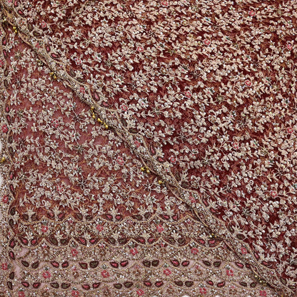 Indian Vintage Heavy Wedding Maroon Dupatta Net Mesh Long Stole Hand Embroidered Scarves Golden Zardozi Zari Sequins Dridal Veil Hijab