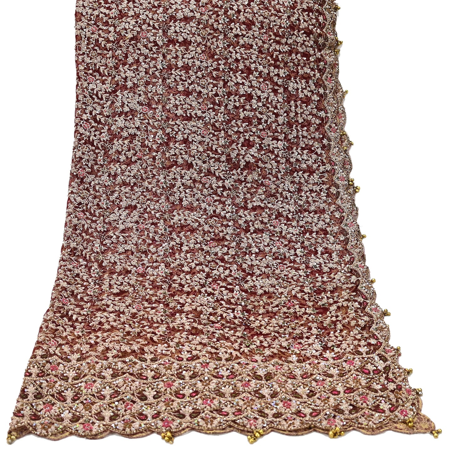 Indian Vintage Heavy Wedding Maroon Dupatta Net Mesh Long Stole Hand Embroidered Scarves Golden Zardozi Zari Sequins Dridal Veil Hijab