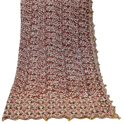 Indian Vintage Heavy Wedding Maroon Dupatta Net Mesh Long Stole Hand Embroidered Scarves Golden Zardozi Zari Sequins Dridal Veil Hijab