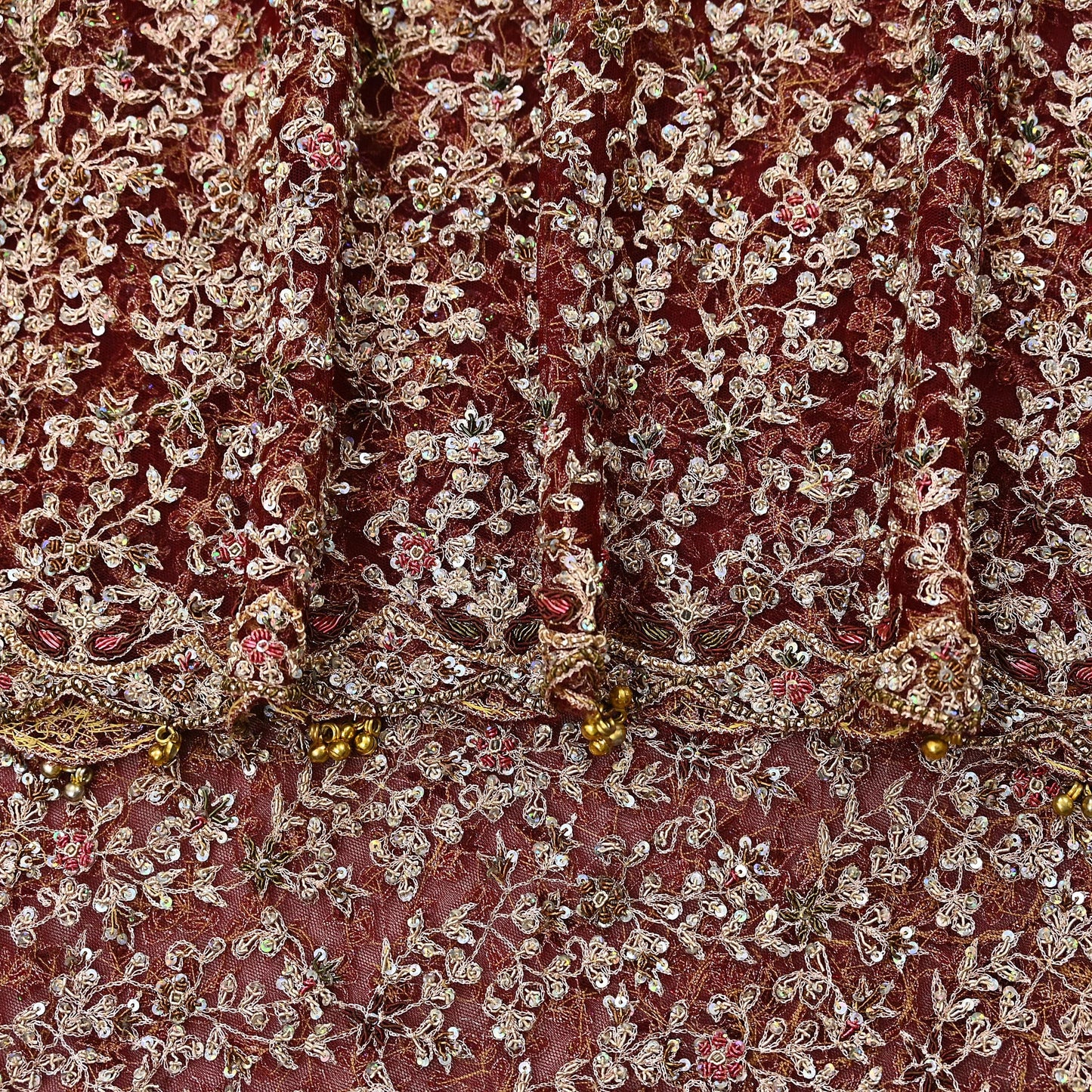 Indian Vintage Heavy Wedding Maroon Dupatta Net Mesh Long Stole Hand Embroidered Scarves Golden Zardozi Zari Sequins Dridal Veil Hijab