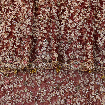 Indian Vintage Heavy Wedding Maroon Dupatta Net Mesh Long Stole Hand Embroidered Scarves Golden Zardozi Zari Sequins Dridal Veil Hijab