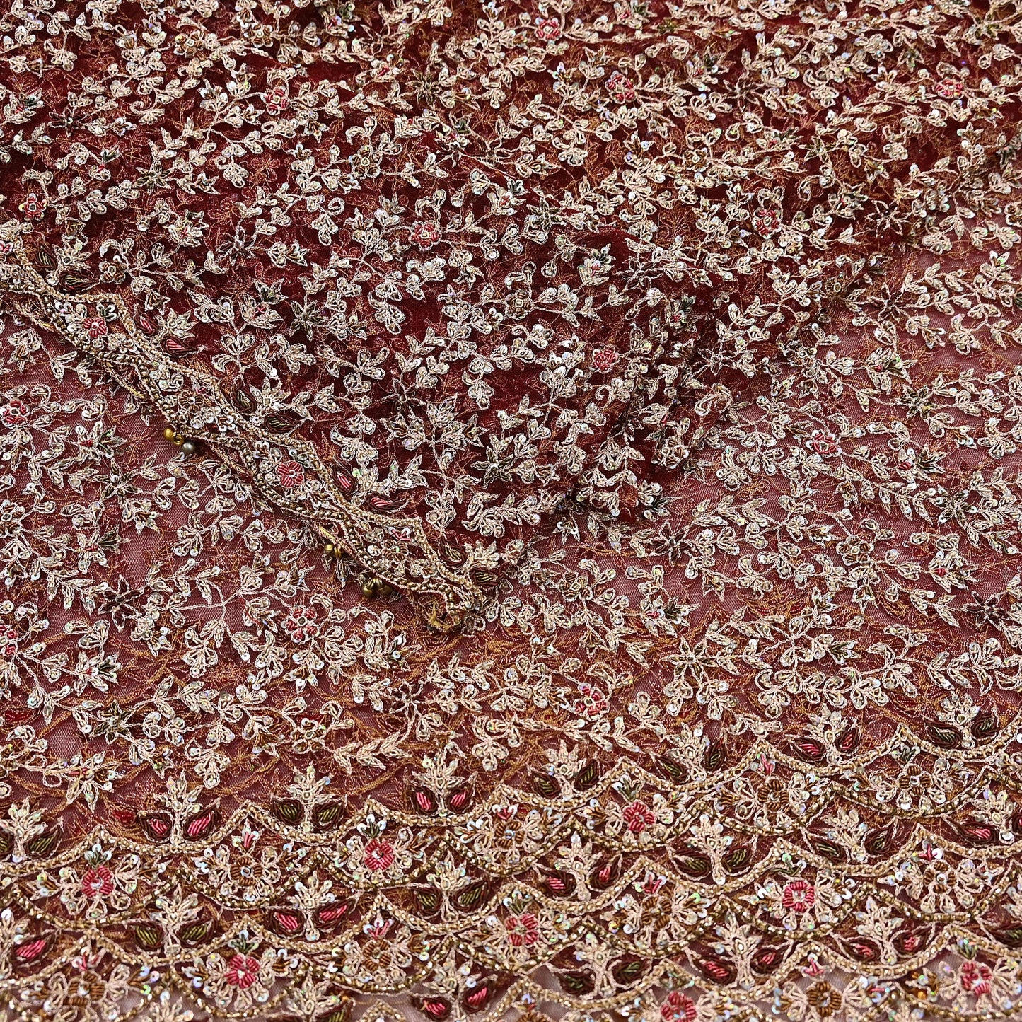 Indian Vintage Heavy Wedding Maroon Dupatta Net Mesh Long Stole Hand Embroidered Scarves Golden Zardozi Zari Sequins Dridal Veil Hijab