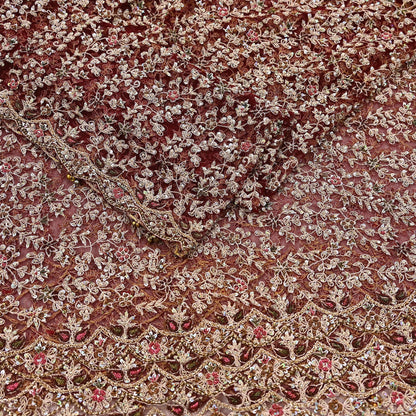 Indian Vintage Heavy Wedding Maroon Dupatta Net Mesh Long Stole Hand Embroidered Scarves Golden Zardozi Zari Sequins Dridal Veil Hijab