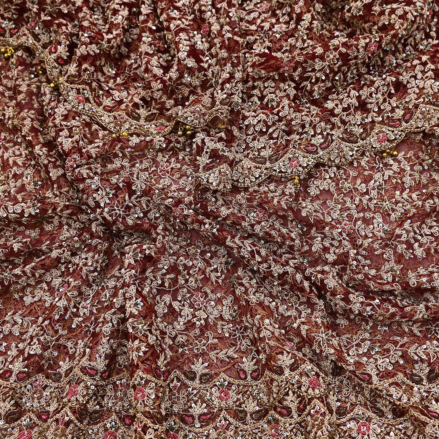 Indian Vintage Heavy Wedding Maroon Dupatta Net Mesh Long Stole Hand Embroidered Scarves Golden Zardozi Zari Sequins Dridal Veil Hijab