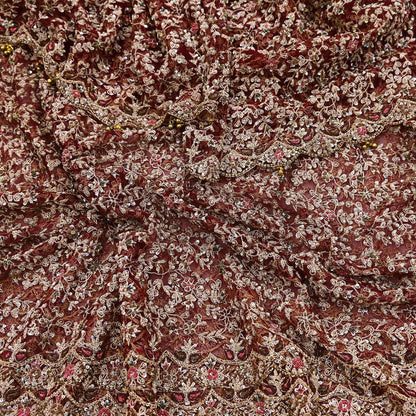 Indian Vintage Heavy Wedding Maroon Dupatta Net Mesh Long Stole Hand Embroidered Scarves Golden Zardozi Zari Sequins Dridal Veil Hijab