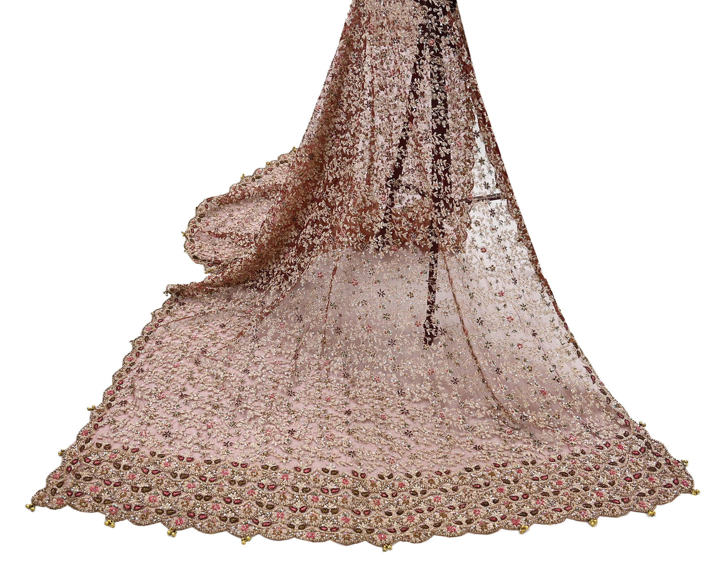 Indian Vintage Heavy Wedding Maroon Dupatta Net Mesh Long Stole Hand Embroidered Scarves Golden Zardozi Zari Sequins Dridal Veil Hijab