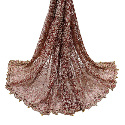 Indian Vintage Heavy Wedding Maroon Dupatta Net Mesh Long Stole Hand Embroidered Scarves Golden Zardozi Zari Sequins Dridal Veil Hijab