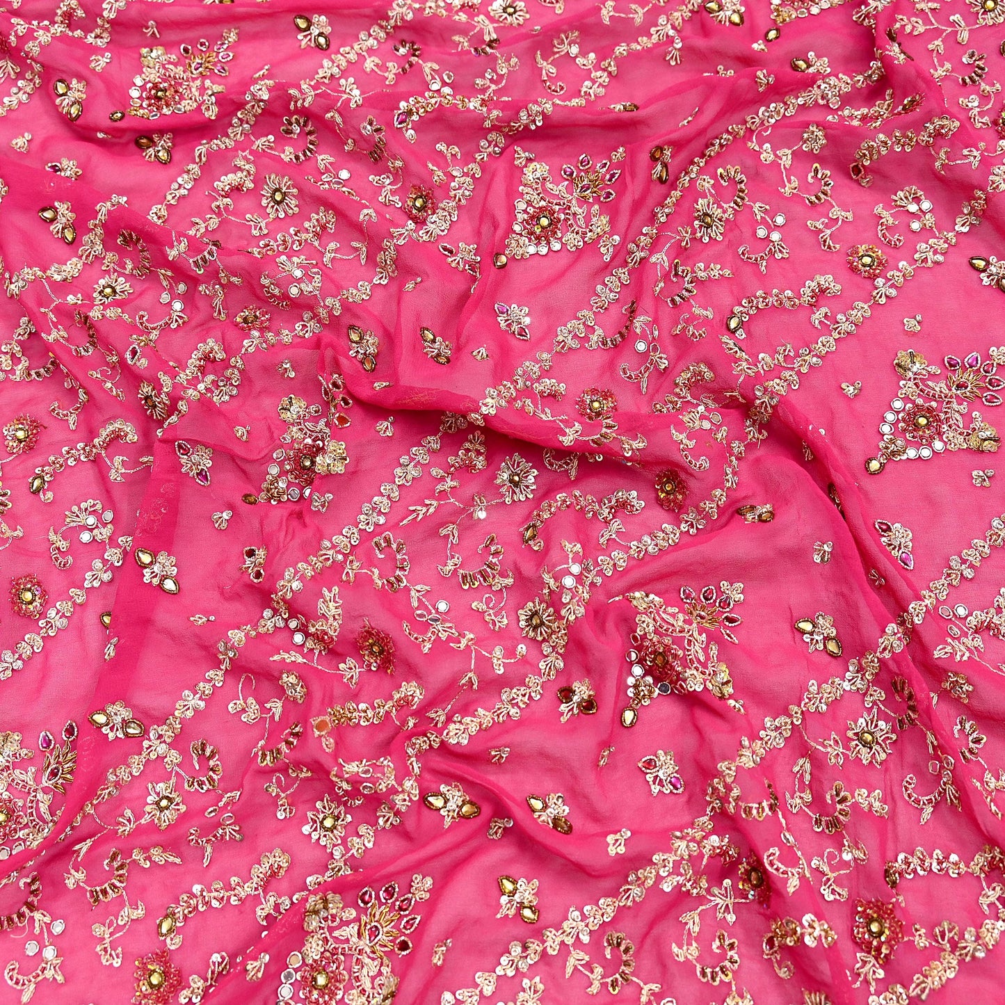 Indian Vintage Heavy Pink Bridal Dupatta Pure Georgette Silk Hand Embroidered Zardozi, Dabka, Zari Work Party Wear Long Stole