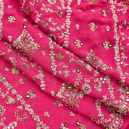 Indian Vintage Heavy Pink Bridal Dupatta Pure Georgette Silk Hand Embroidered Zardozi, Dabka, Zari Work Party Wear Long Stole