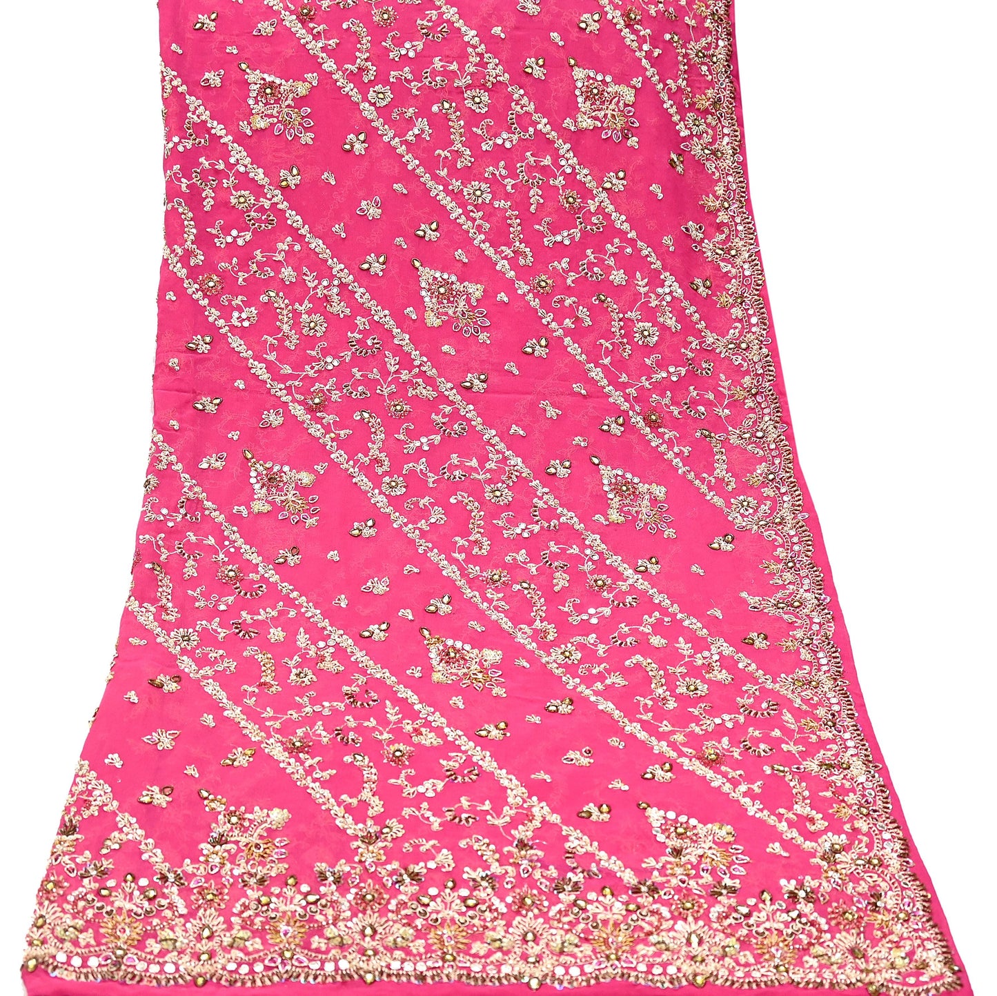 Indian Vintage Heavy Pink Bridal Dupatta Pure Georgette Silk Hand Embroidered Zardozi, Dabka, Zari Work Party Wear Long Stole