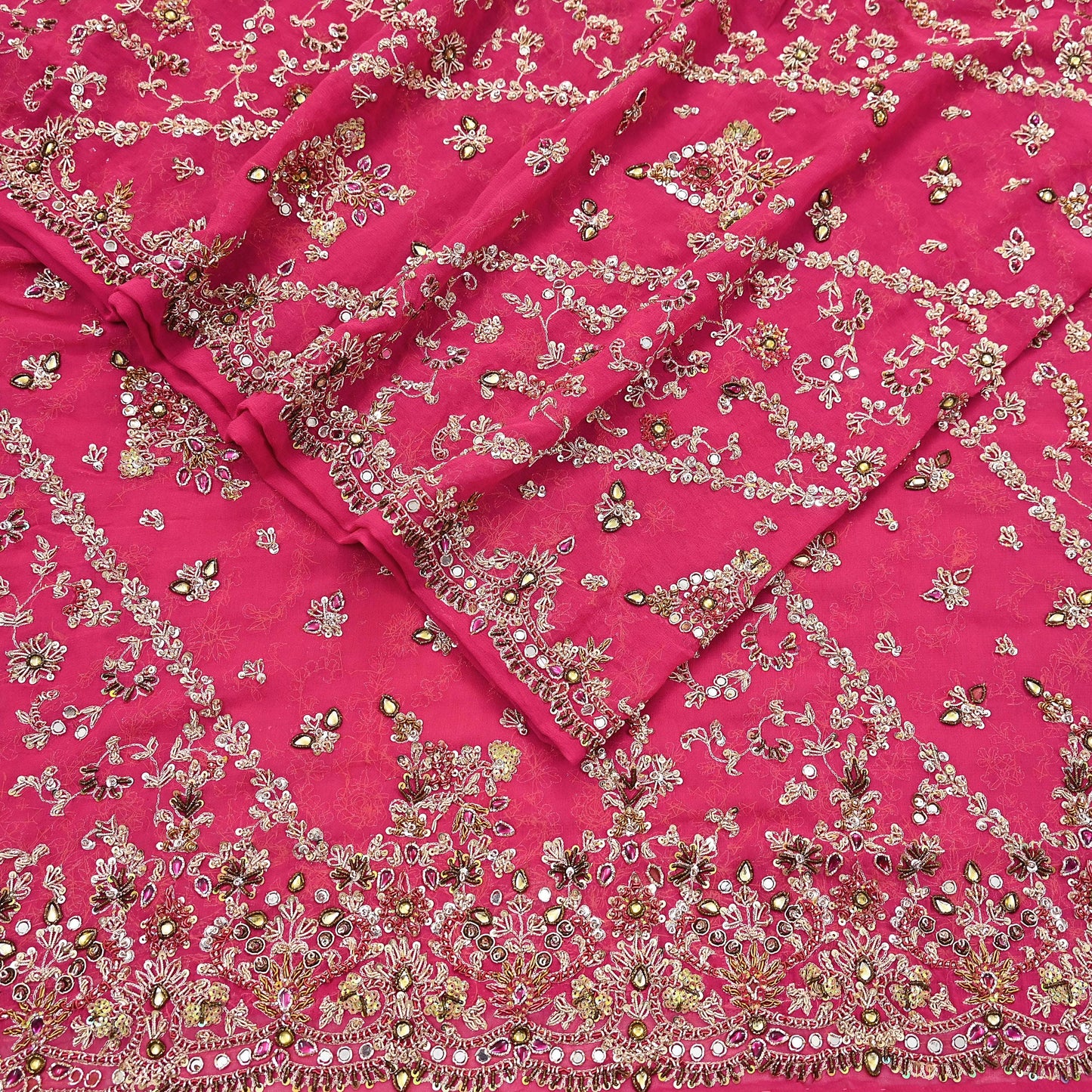 Indian Vintage Heavy Pink Bridal Dupatta Pure Georgette Silk Hand Embroidered Zardozi, Dabka, Zari Work Party Wear Long Stole
