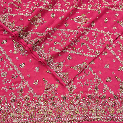 Indian Vintage Heavy Pink Bridal Dupatta Pure Georgette Silk Hand Embroidered Zardozi, Dabka, Zari Work Party Wear Long Stole