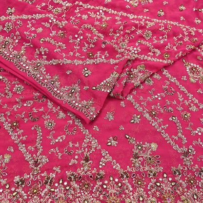 Indian Vintage Heavy Pink Bridal Dupatta Pure Georgette Silk Hand Embroidered Zardozi, Dabka, Zari Work Party Wear Long Stole