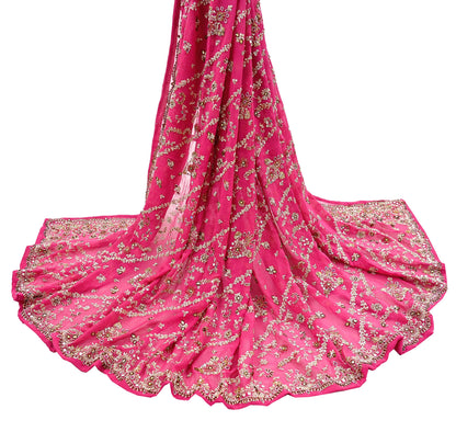 Indian Vintage Heavy Pink Bridal Dupatta Pure Georgette Silk Hand Embroidered Zardozi, Dabka, Zari Work Party Wear Long Stole