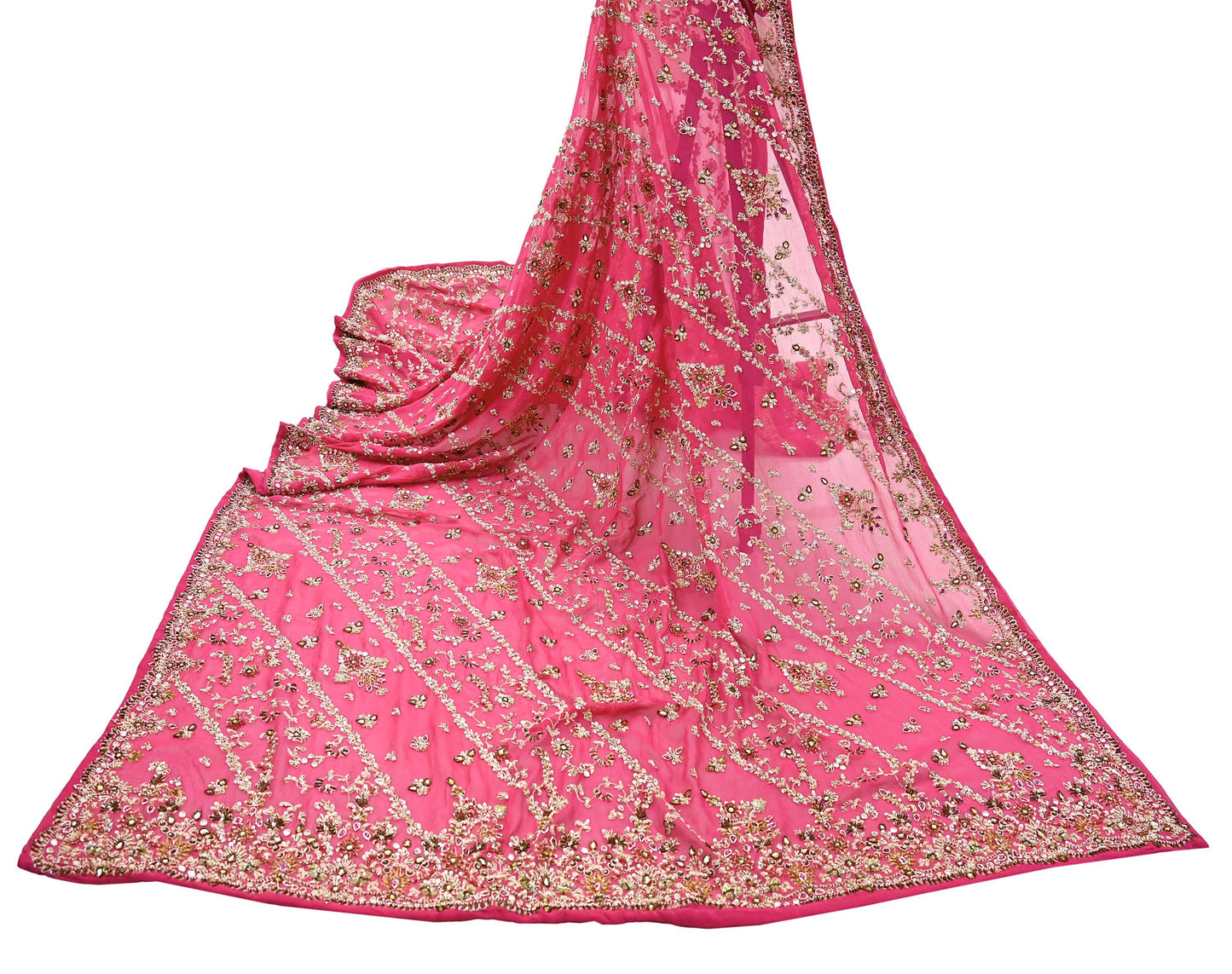 Indian Vintage Heavy Pink Bridal Dupatta Pure Georgette Silk Hand Embroidered Zardozi, Dabka, Zari Work Party Wear Long Stole