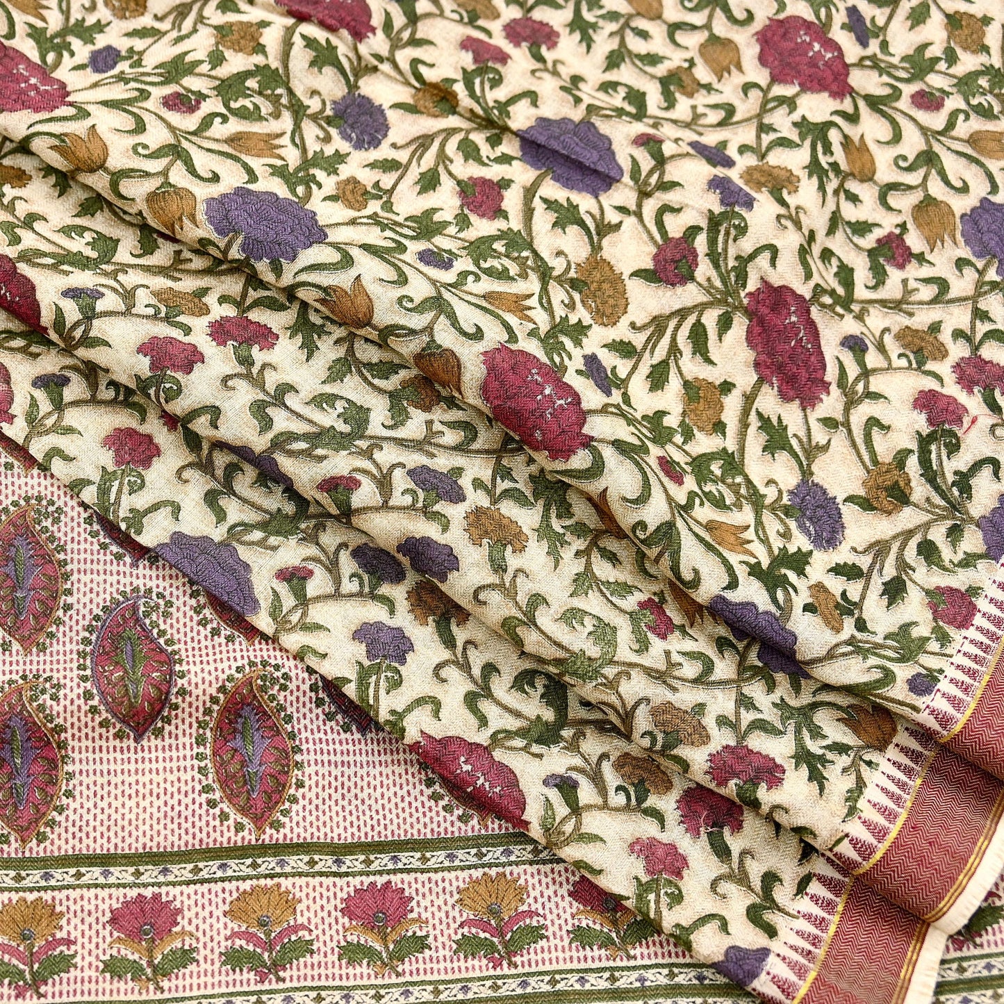 Indian Vintage Sari Maoon & Beige Pure Woolen Woven Printed Sarees Soft Warm Craft Fabric 5Yd Floral Dress making Crafting For Winter Soft