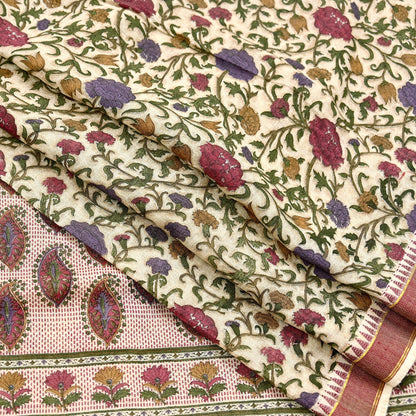 Indian Vintage Sari Maoon & Beige Pure Woolen Woven Printed Sarees Soft Warm Craft Fabric 5Yd Floral Dress making Crafting For Winter Soft