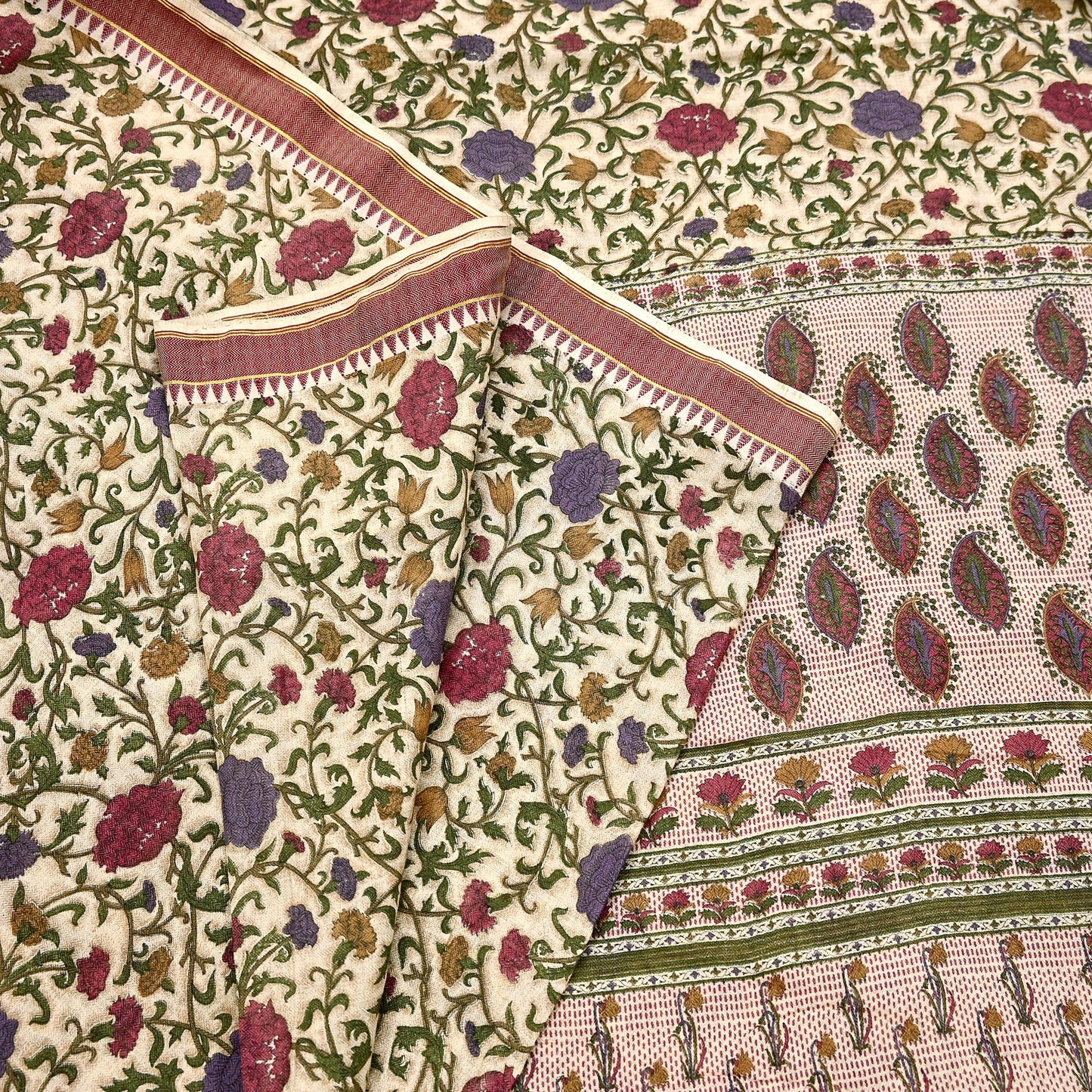 Indian Vintage Sari Maoon & Beige Pure Woolen Woven Printed Sarees Soft Warm Craft Fabric 5Yd Floral Dress making Crafting For Winter Soft