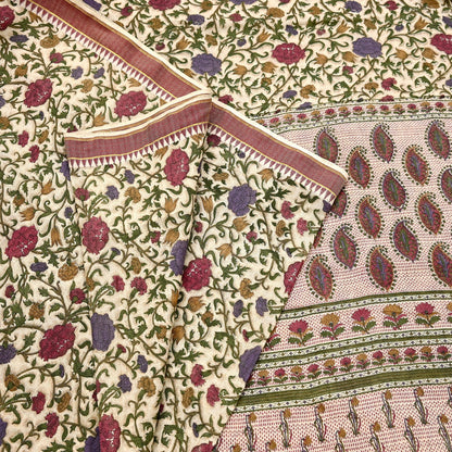 Indian Vintage Sari Maoon & Beige Pure Woolen Woven Printed Sarees Soft Warm Craft Fabric 5Yd Floral Dress making Crafting For Winter Soft