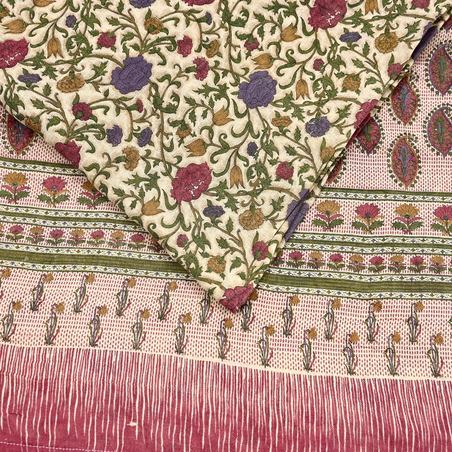 Indian Vintage Sari Maoon & Beige Pure Woolen Woven Printed Sarees Soft Warm Craft Fabric 5Yd Floral Dress making Crafting For Winter Soft