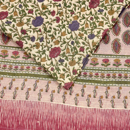 Indian Vintage Sari Maoon & Beige Pure Woolen Woven Printed Sarees Soft Warm Craft Fabric 5Yd Floral Dress making Crafting For Winter Soft