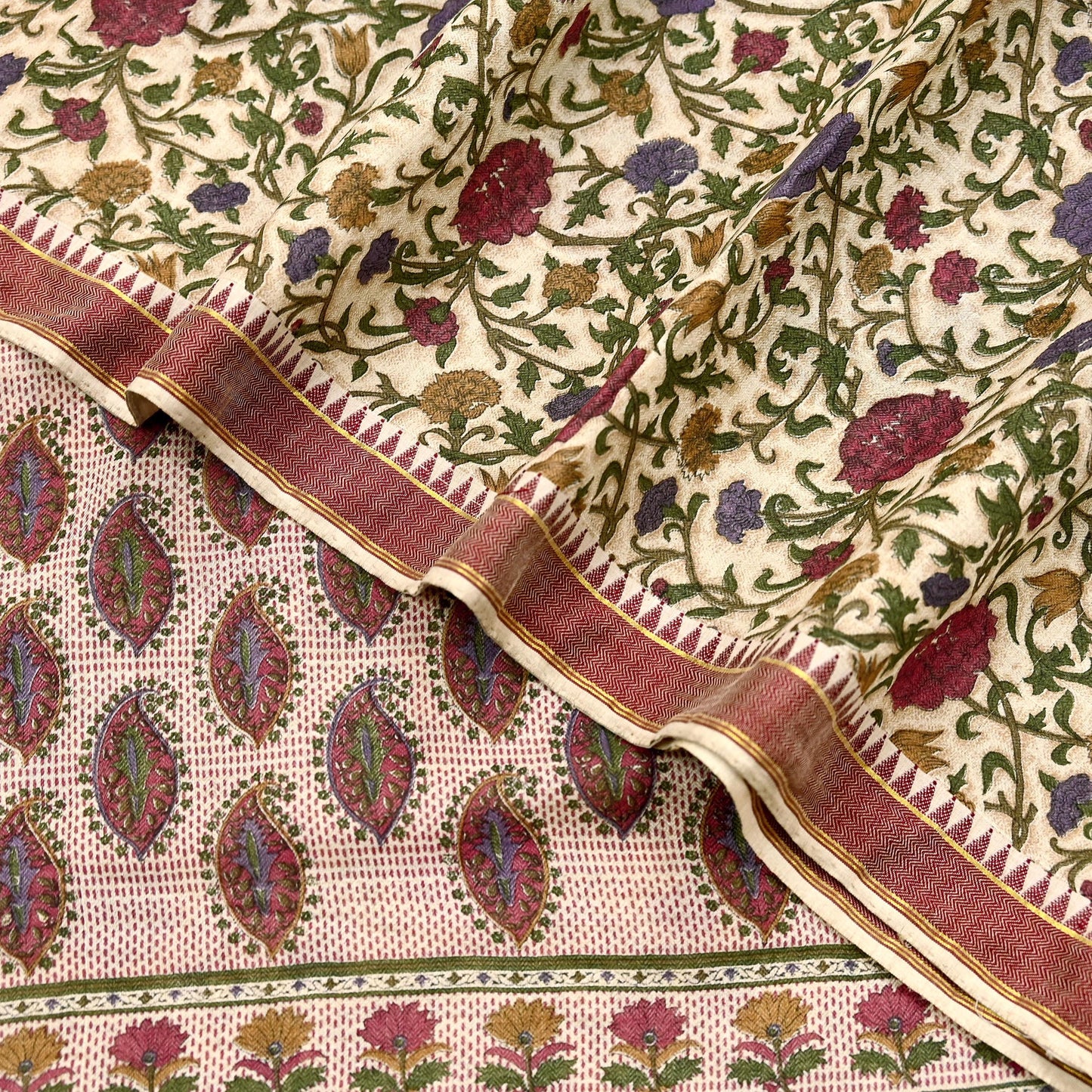 Indian Vintage Sari Maoon & Beige Pure Woolen Woven Printed Sarees Soft Warm Craft Fabric 5Yd Floral Dress making Crafting For Winter Soft