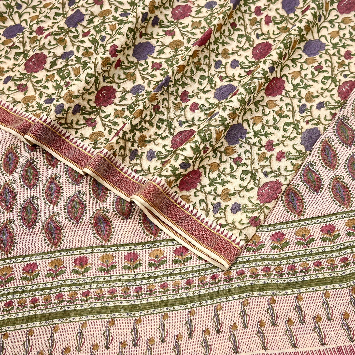 Indian Vintage Sari Maoon & Beige Pure Woolen Woven Printed Sarees Soft Warm Craft Fabric 5Yd Floral Dress making Crafting For Winter Soft