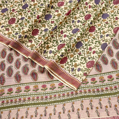 Indian Vintage Sari Maoon & Beige Pure Woolen Woven Printed Sarees Soft Warm Craft Fabric 5Yd Floral Dress making Crafting For Winter Soft