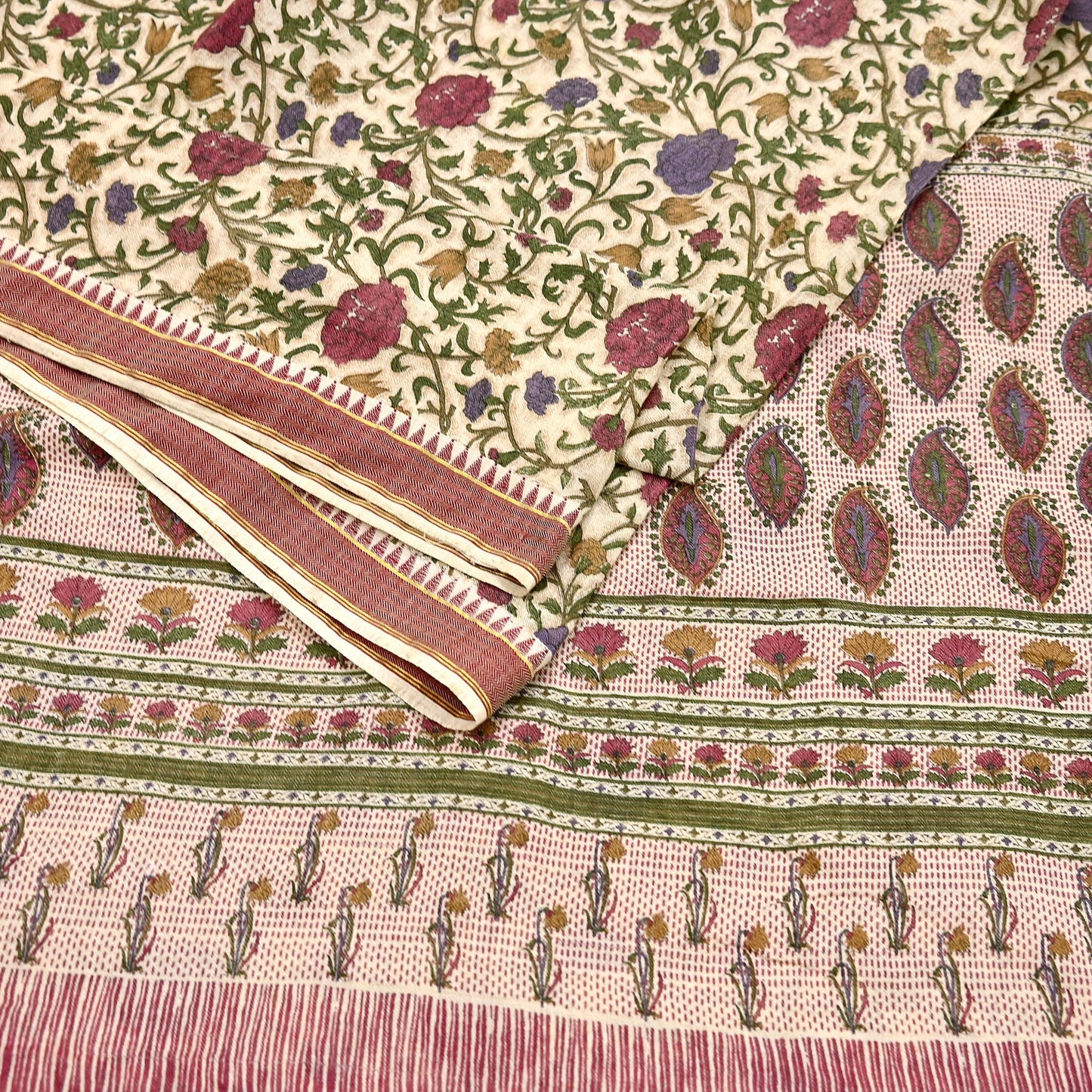 Indian Vintage Sari Maoon & Beige Pure Woolen Woven Printed Sarees Soft Warm Craft Fabric 5Yd Floral Dress making Crafting For Winter Soft