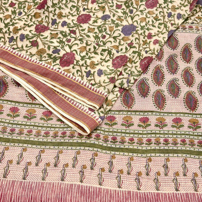 Indian Vintage Sari Maoon & Beige Pure Woolen Woven Printed Sarees Soft Warm Craft Fabric 5Yd Floral Dress making Crafting For Winter Soft