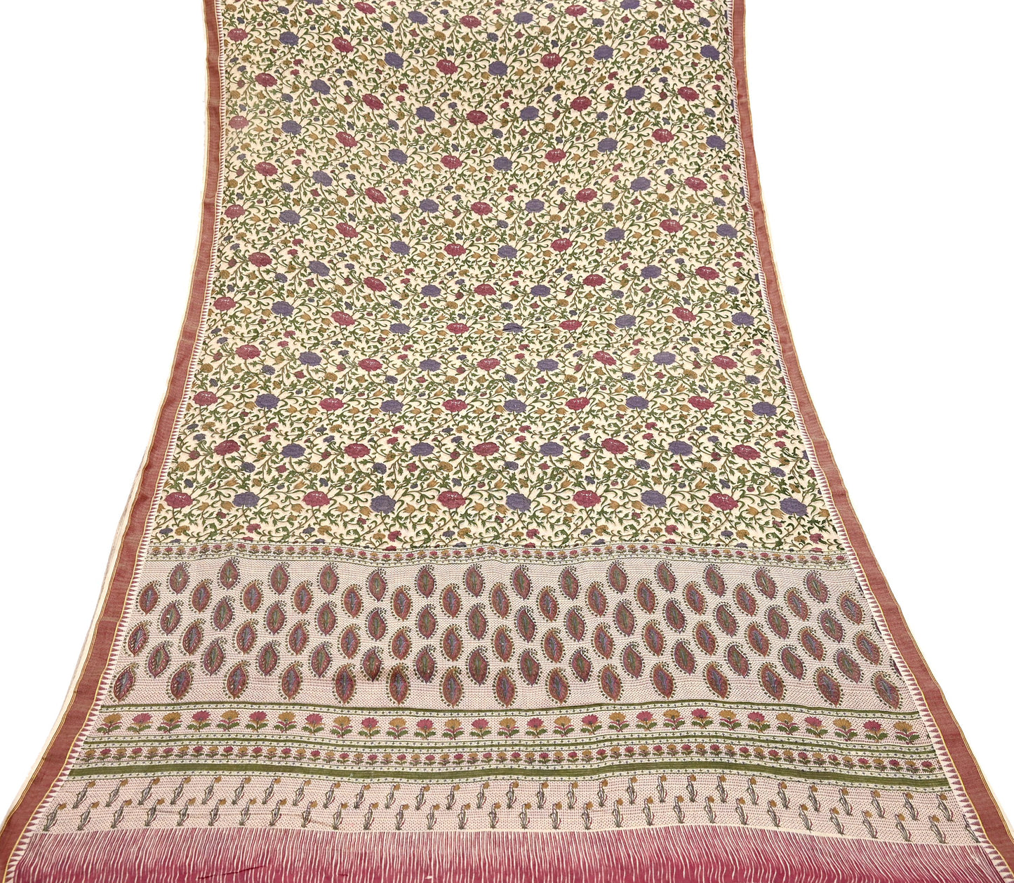 Indian Vintage Sari Maoon & Beige Pure Woolen Woven Printed Sarees Soft Warm Craft Fabric 5Yd Floral Dress making Crafting For Winter Soft