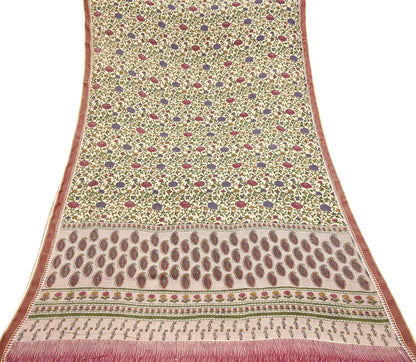 Indian Vintage Sari Maoon & Beige Pure Woolen Woven Printed Sarees Soft Warm Craft Fabric 5Yd Floral Dress making Crafting For Winter Soft