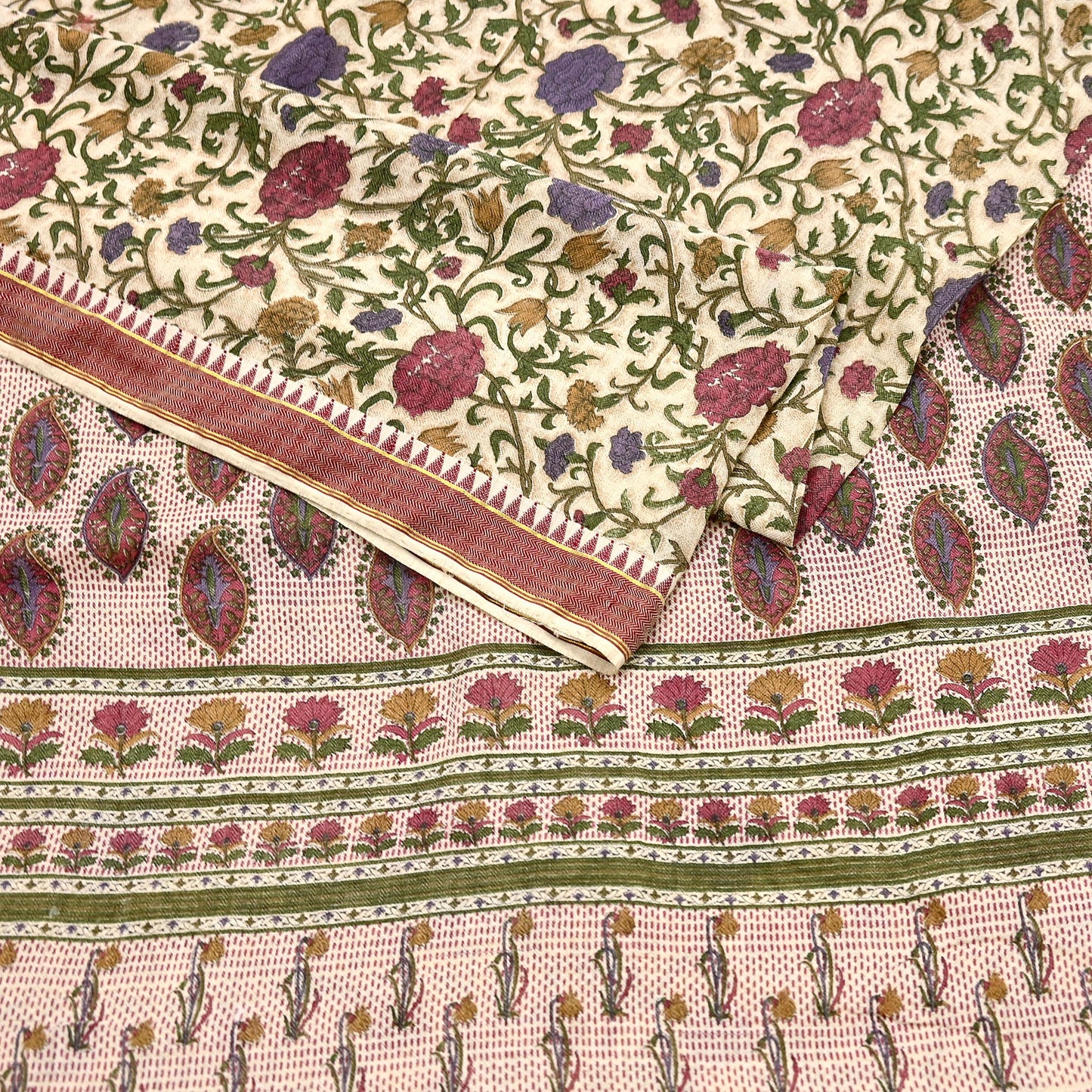 Indian Vintage Sari Maoon & Beige Pure Woolen Woven Printed Sarees Soft Warm Craft Fabric 5Yd Floral Dress making Crafting For Winter Soft