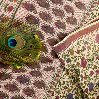 Indian Vintage Sari Maoon & Beige Pure Woolen Woven Printed Sarees Soft Warm Craft Fabric 5Yd Floral Dress making Crafting For Winter Soft